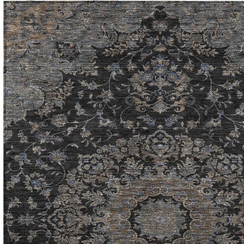 5' X 8' Black And Charcoal Floral Medallion Washable Indoor Outdoor Area Rug HomeRoots