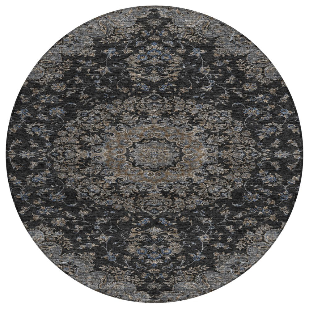 8' Black And Charcoal Round Floral Medallion Washable Indoor Outdoor Area Rug HomeRoots