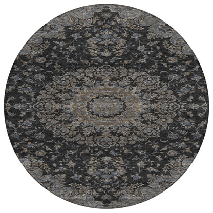 8' Black And Charcoal Round Floral Medallion Washable Indoor Outdoor Area Rug HomeRoots
