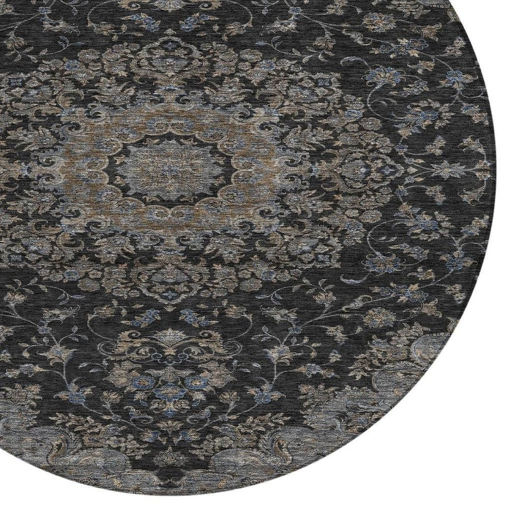 8' Black And Charcoal Round Floral Medallion Washable Indoor Outdoor Area Rug HomeRoots