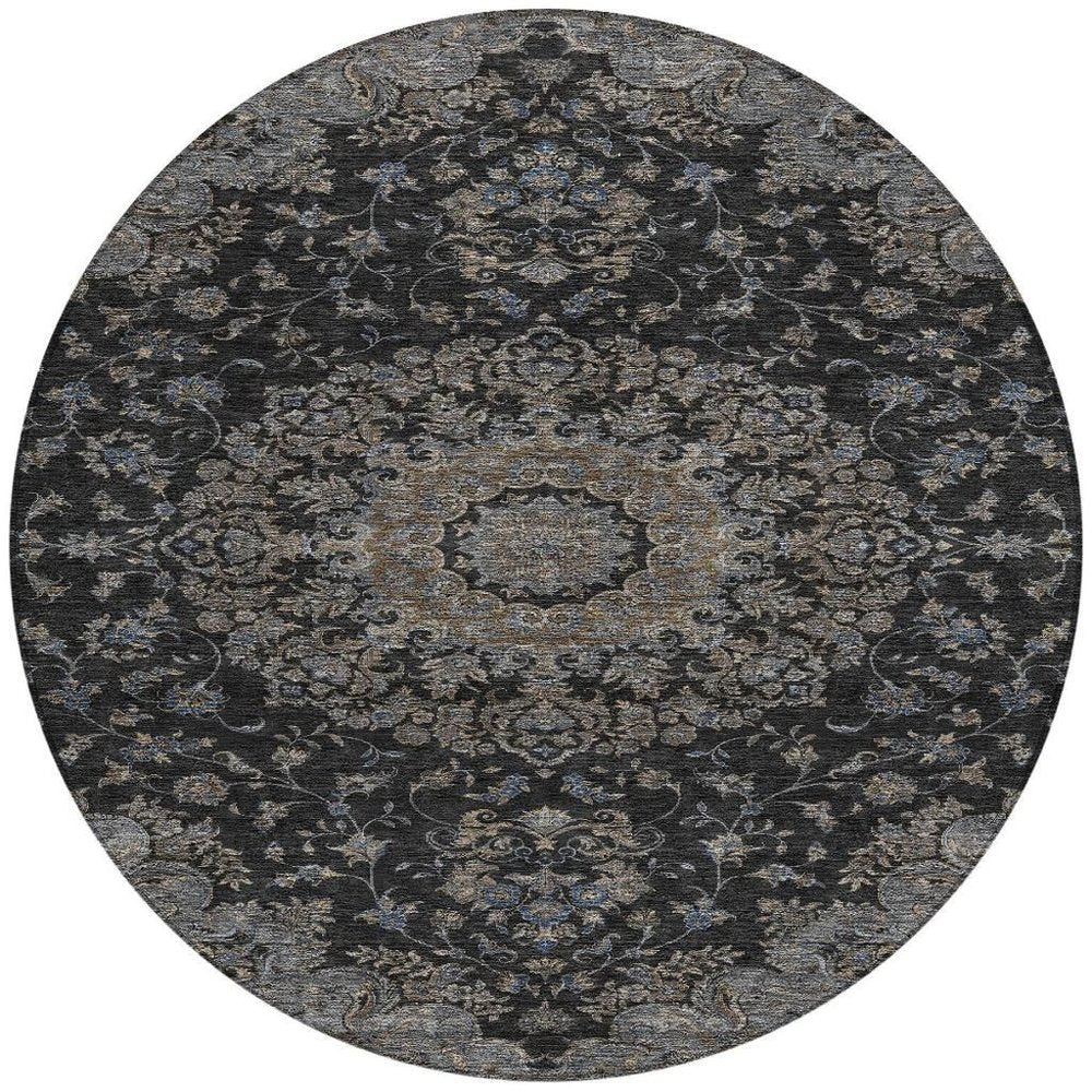 8' Black And Charcoal Round Floral Medallion Washable Indoor Outdoor Area Rug HomeRoots