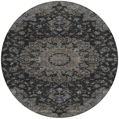 8' Black And Charcoal Round Floral Medallion Washable Indoor Outdoor Area Rug HomeRoots