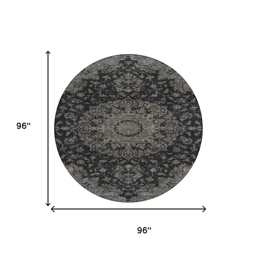 8' Black And Charcoal Round Floral Medallion Washable Indoor Outdoor Area Rug HomeRoots