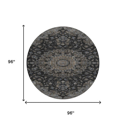 8' Black And Charcoal Round Floral Medallion Washable Indoor Outdoor Area Rug HomeRoots