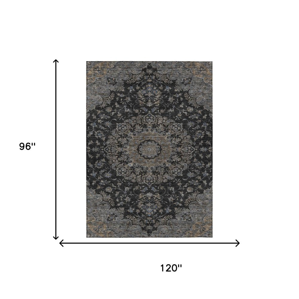 8' X 10' Black And Charcoal Floral Medallion Washable Indoor Outdoor Area Rug HomeRoots