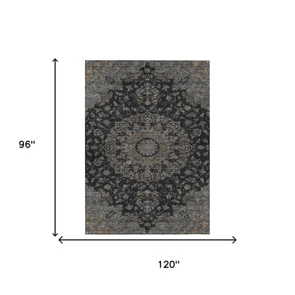8' X 10' Black And Charcoal Floral Medallion Washable Indoor Outdoor Area Rug HomeRoots