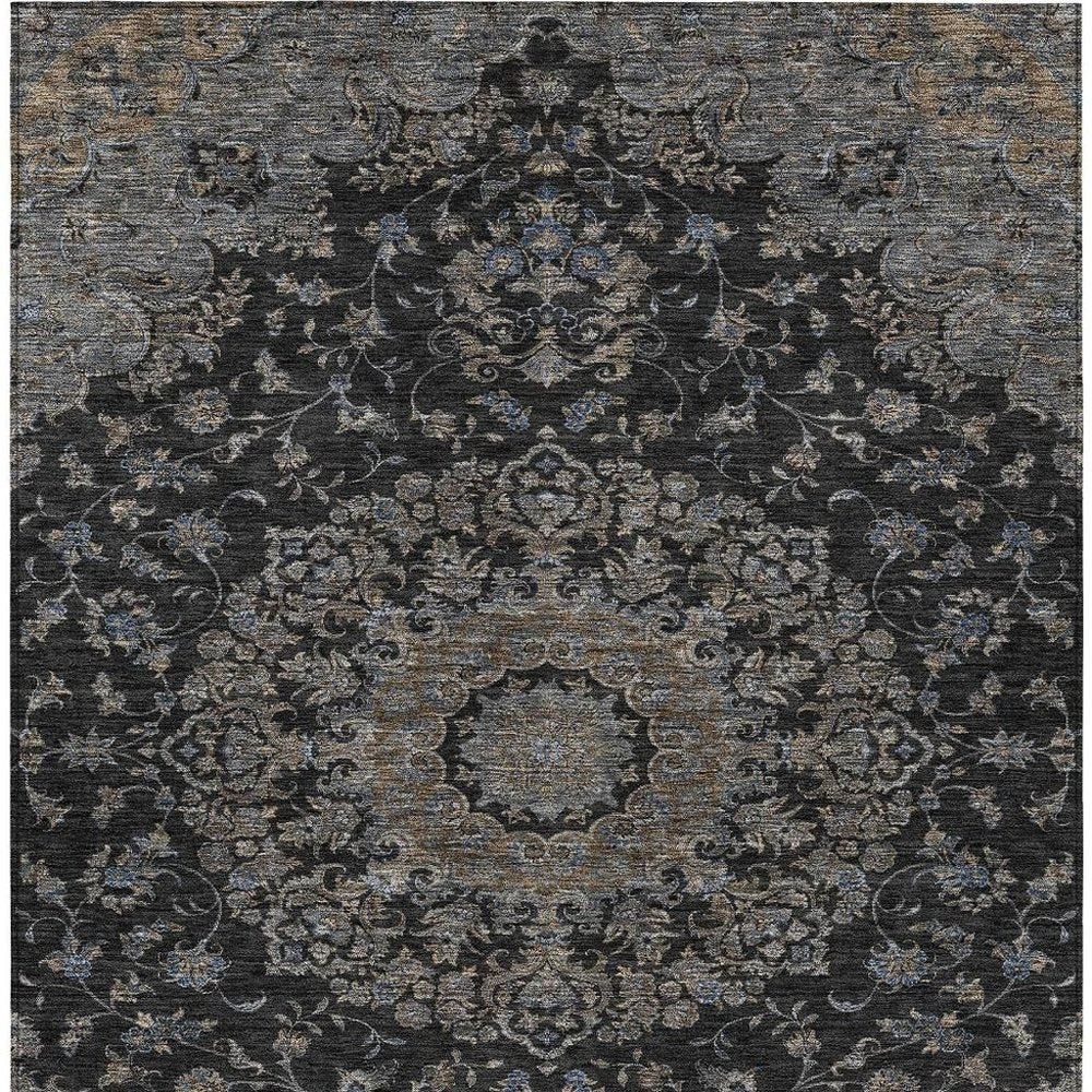 8' X 10' Black And Charcoal Floral Medallion Washable Indoor Outdoor Area Rug HomeRoots