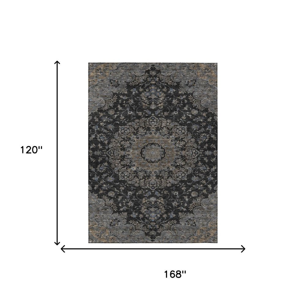 10' X 14' Black And Charcoal Floral Medallion Washable Indoor Outdoor Area Rug HomeRoots
