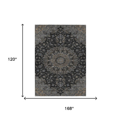 10' X 14' Black And Charcoal Floral Medallion Washable Indoor Outdoor Area Rug HomeRoots