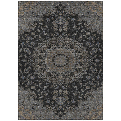 10' X 14' Black And Charcoal Floral Medallion Washable Indoor Outdoor Area Rug HomeRoots