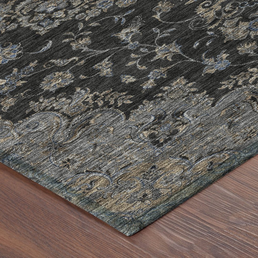 10' X 14' Black And Charcoal Floral Medallion Washable Indoor Outdoor Area Rug HomeRoots