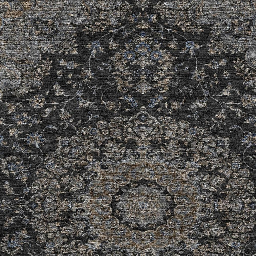 10' X 14' Black And Charcoal Floral Medallion Washable Indoor Outdoor Area Rug HomeRoots