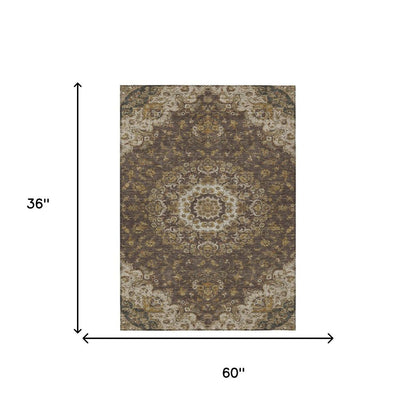 3' X 5' Chocolate And Brown Floral Medallion Washable Indoor Outdoor Area Rug HomeRoots