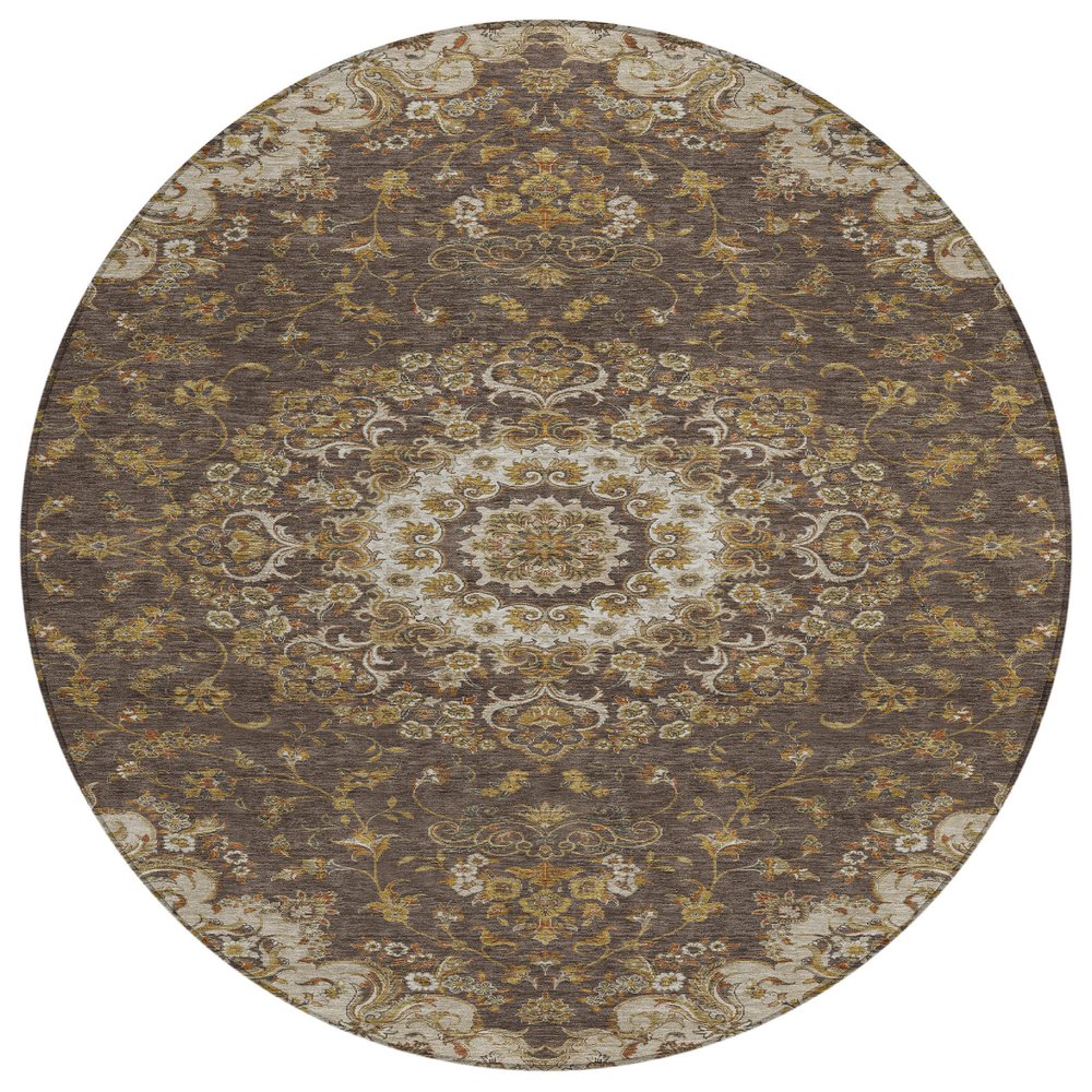 8' Chocolate And Brown Round Floral Medallion Washable Indoor Outdoor Area Rug HomeRoots