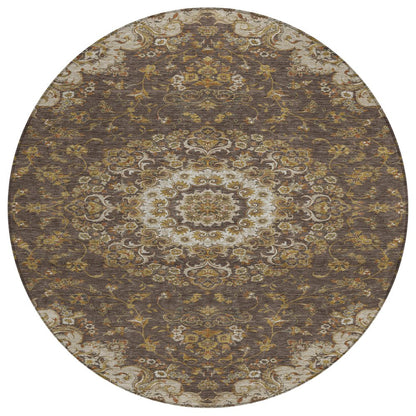 8' Chocolate And Brown Round Floral Medallion Washable Indoor Outdoor Area Rug HomeRoots