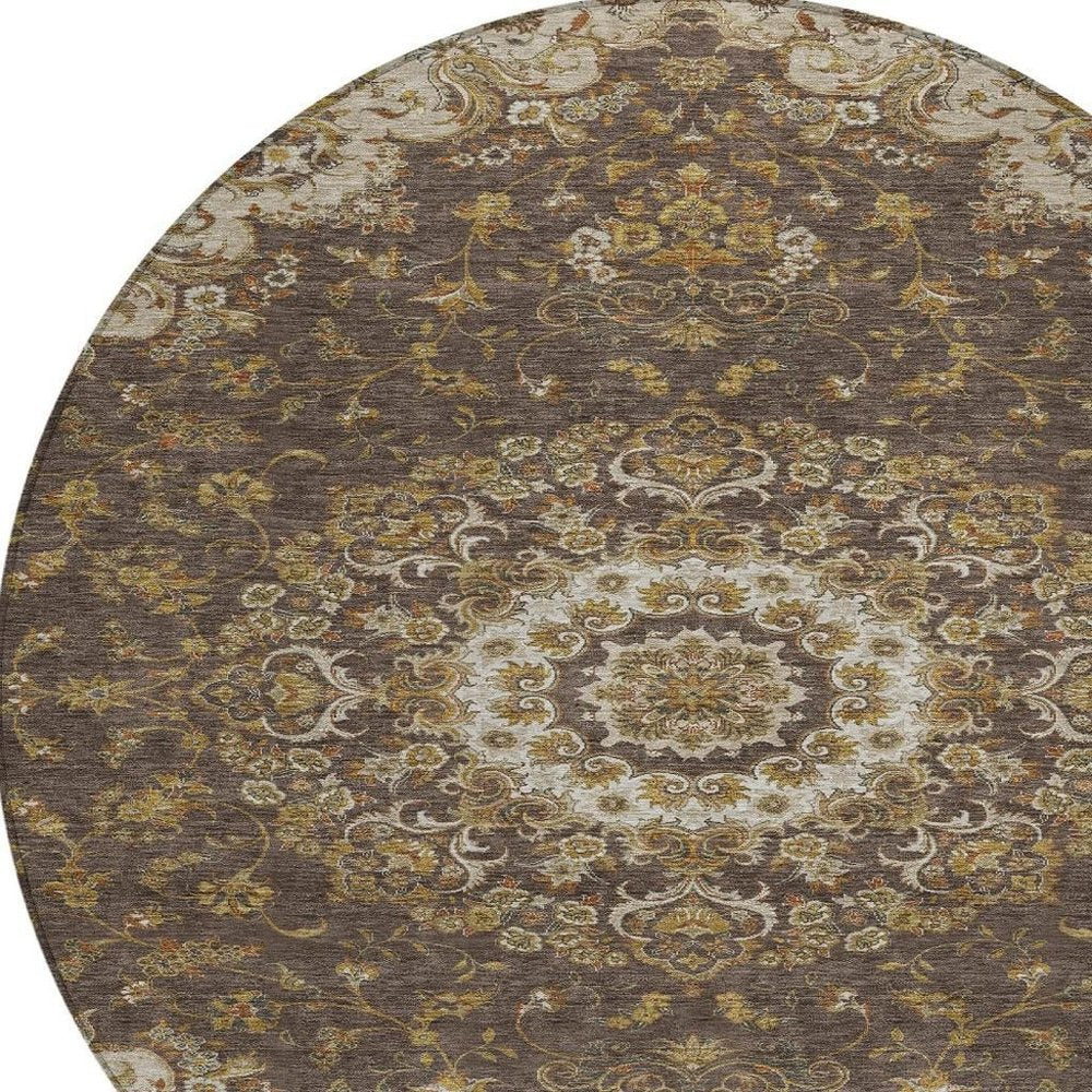 8' Chocolate And Brown Round Floral Medallion Washable Indoor Outdoor Area Rug HomeRoots
