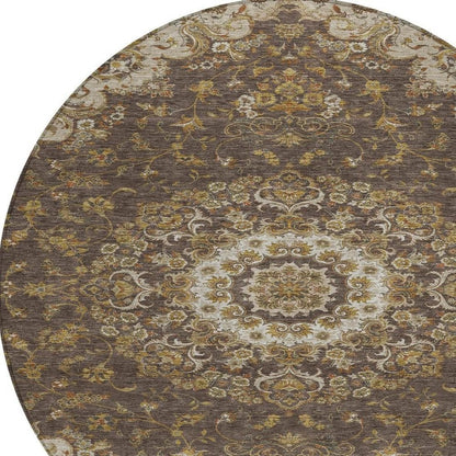8' Chocolate And Brown Round Floral Medallion Washable Indoor Outdoor Area Rug HomeRoots