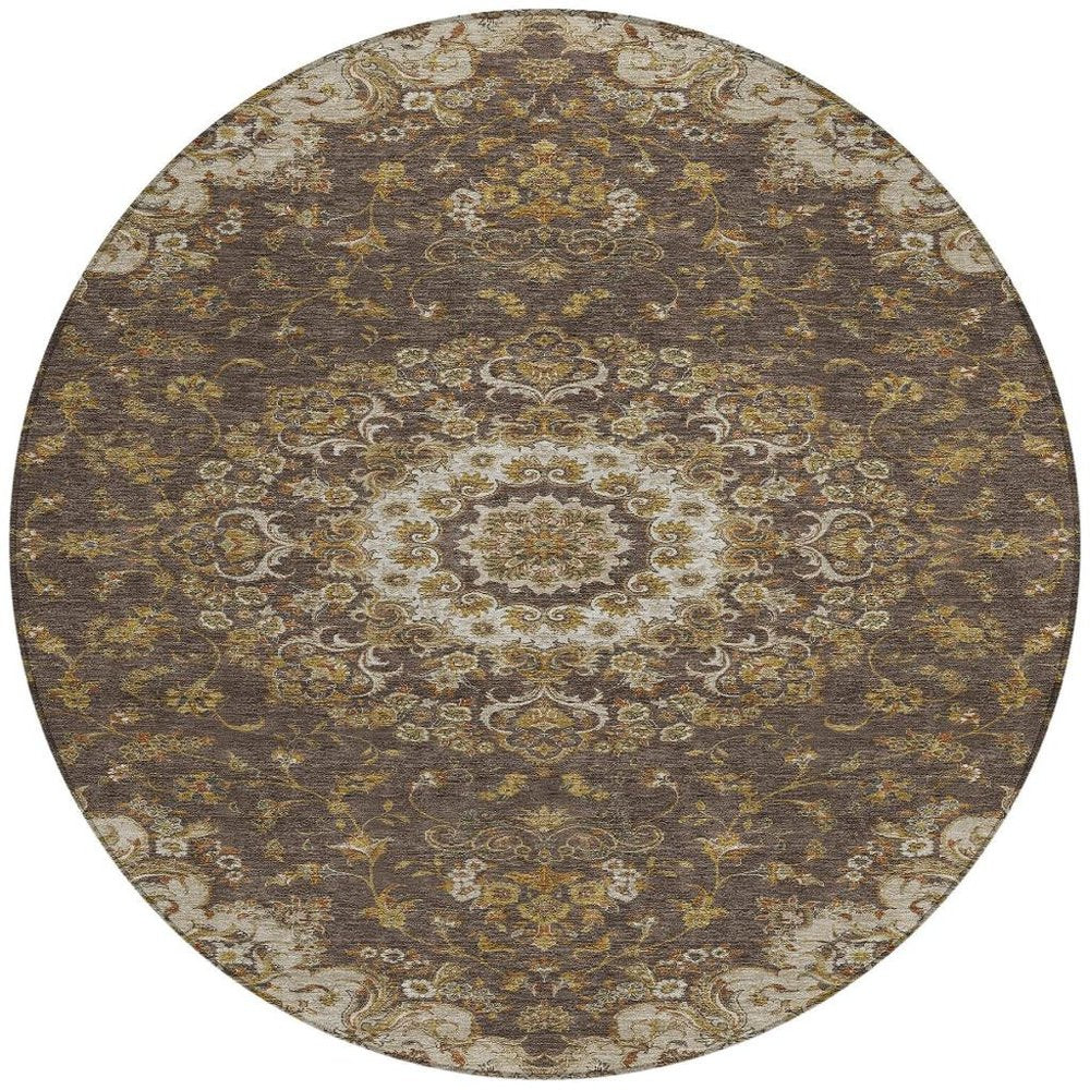 8' Chocolate And Brown Round Floral Medallion Washable Indoor Outdoor Area Rug HomeRoots