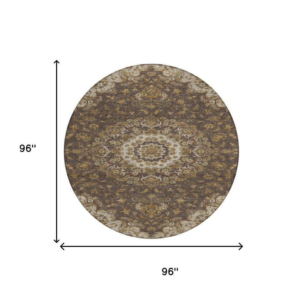 8' Chocolate And Brown Round Floral Medallion Washable Indoor Outdoor Area Rug HomeRoots