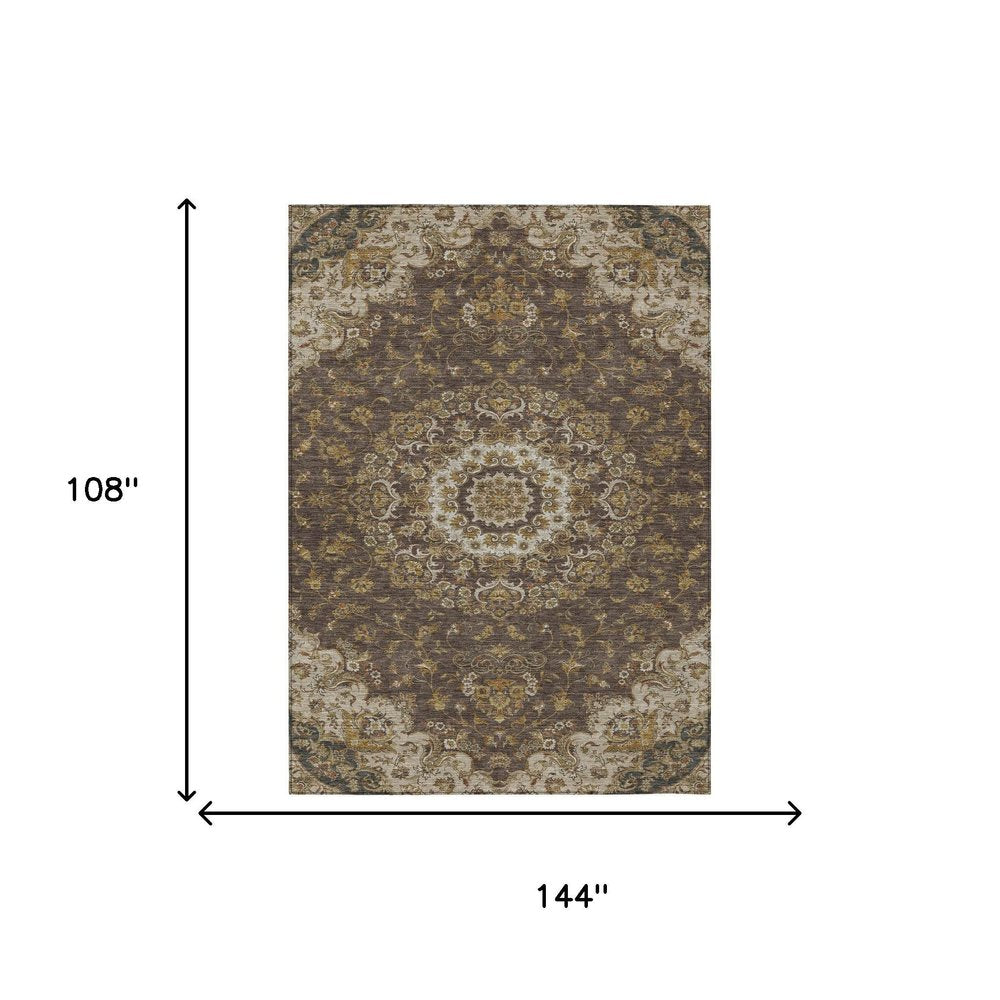 9' X 12' Chocolate And Brown Floral Medallion Washable Indoor Outdoor Area Rug HomeRoots