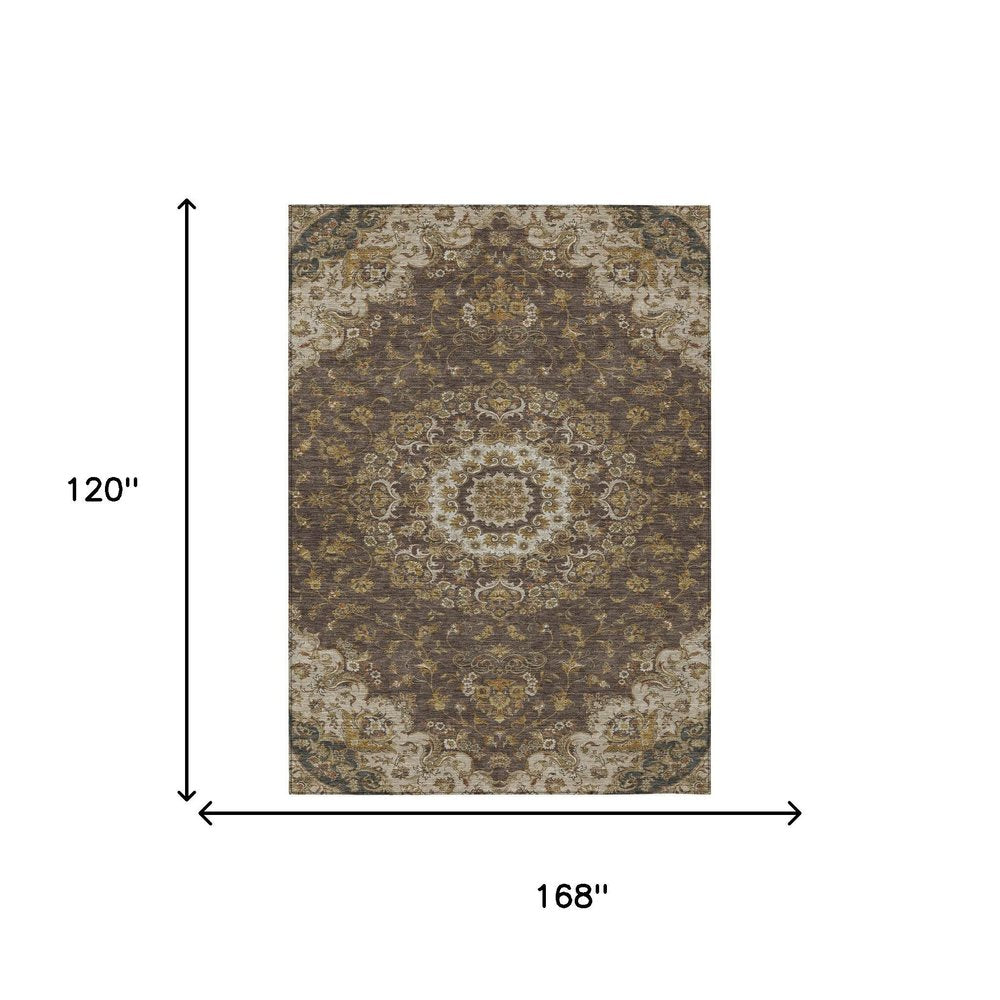10' X 14' Chocolate And Brown Floral Medallion Washable Indoor Outdoor Area Rug HomeRoots