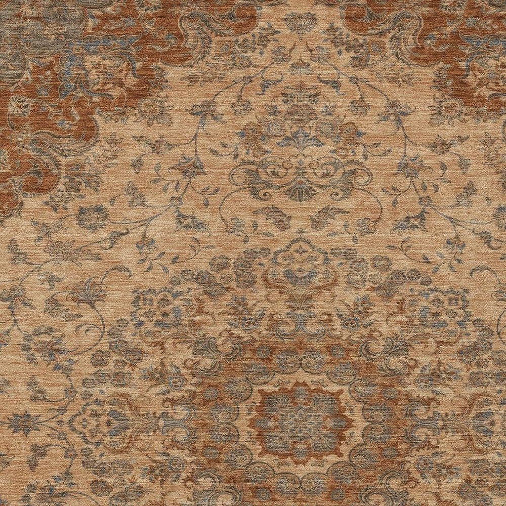 5' X 8' Copper And Orange Floral Medallion Washable Indoor Outdoor Area Rug HomeRoots