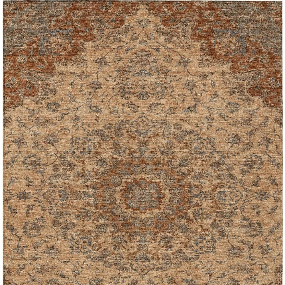 5' X 8' Copper And Orange Floral Medallion Washable Indoor Outdoor Area Rug HomeRoots
