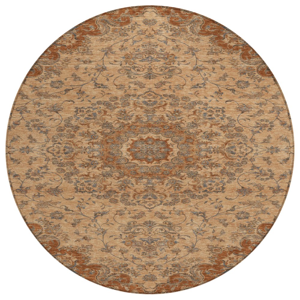 8' Copper And Orange Round Floral Medallion Washable Indoor Outdoor Area Rug HomeRoots