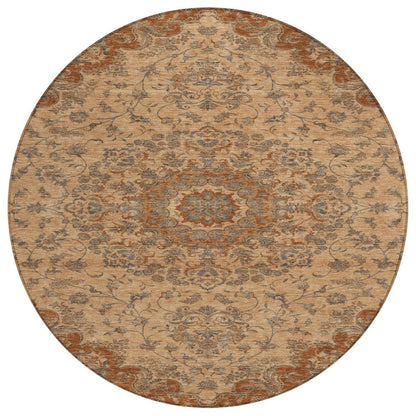 8' Copper And Orange Round Floral Medallion Washable Indoor Outdoor Area Rug HomeRoots
