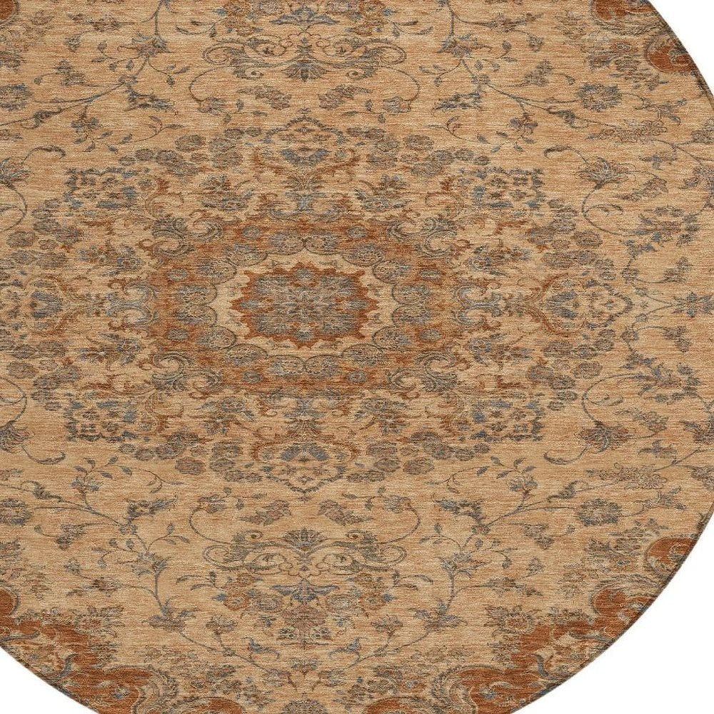 8' Copper And Orange Round Floral Medallion Washable Indoor Outdoor Area Rug HomeRoots