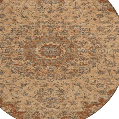 8' Copper And Orange Round Floral Medallion Washable Indoor Outdoor Area Rug HomeRoots