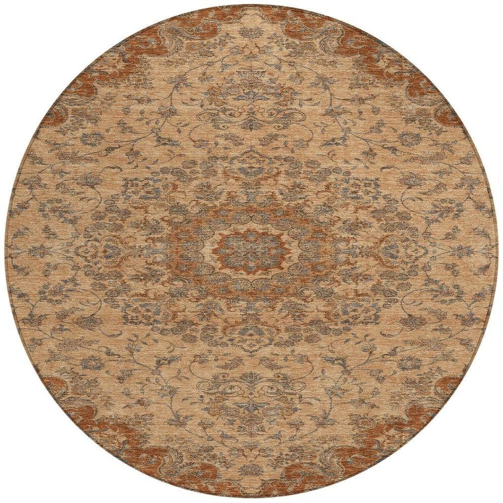 8' Copper And Orange Round Floral Medallion Washable Indoor Outdoor Area Rug HomeRoots