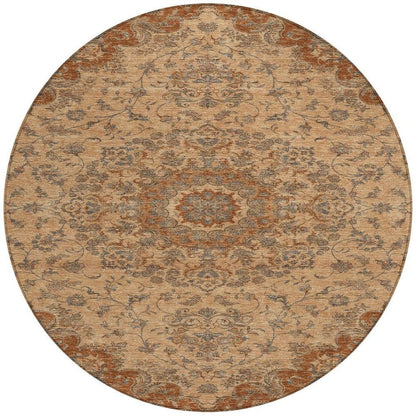 8' Copper And Orange Round Floral Medallion Washable Indoor Outdoor Area Rug HomeRoots