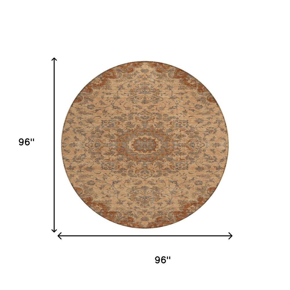 8' Copper And Orange Round Floral Medallion Washable Indoor Outdoor Area Rug HomeRoots