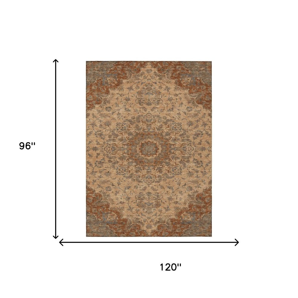 8' X 10' Copper And Orange Floral Medallion Washable Indoor Outdoor Area Rug HomeRoots