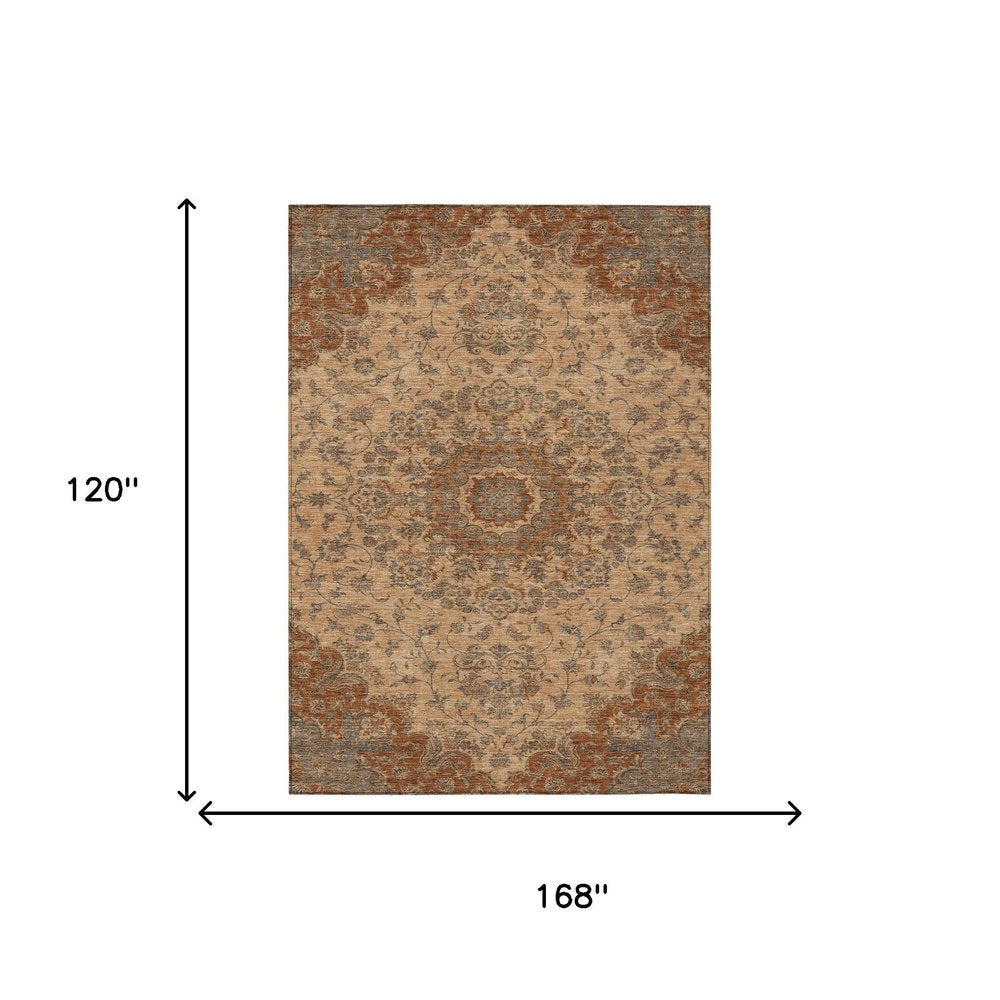 10' X 14' Copper And Orange Floral Medallion Washable Indoor Outdoor Area Rug HomeRoots