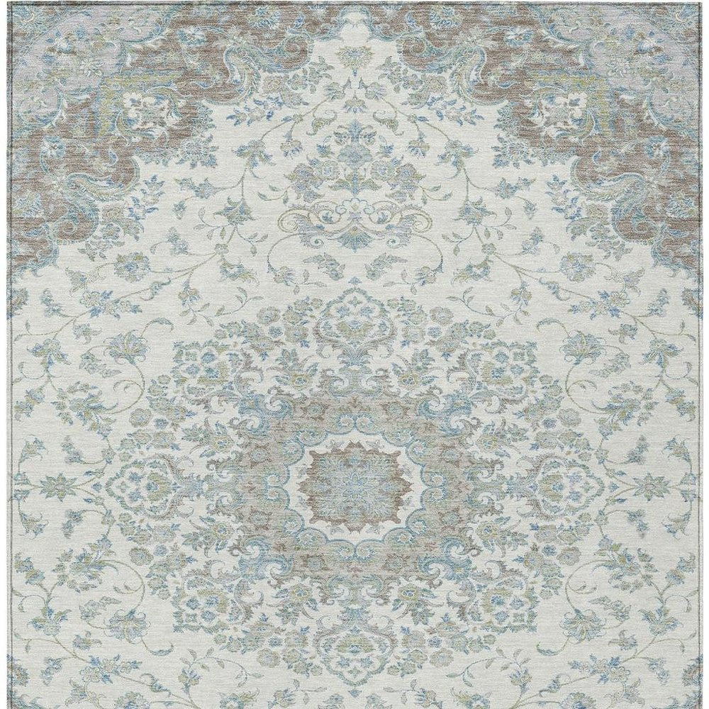 5' X 8' Ivory And Silver Floral Medallion Washable Indoor Outdoor Area Rug HomeRoots
