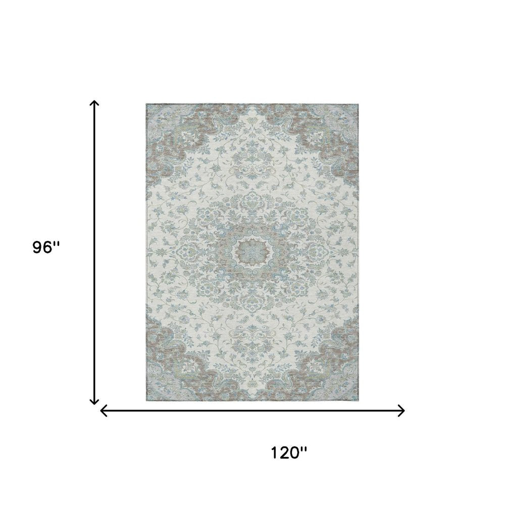 8' X 10' Ivory And Silver Floral Medallion Washable Indoor Outdoor Area Rug HomeRoots