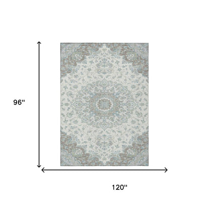 8' X 10' Ivory And Silver Floral Medallion Washable Indoor Outdoor Area Rug HomeRoots