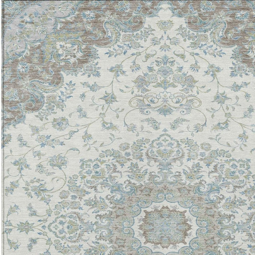 8' X 10' Ivory And Silver Floral Medallion Washable Indoor Outdoor Area Rug HomeRoots