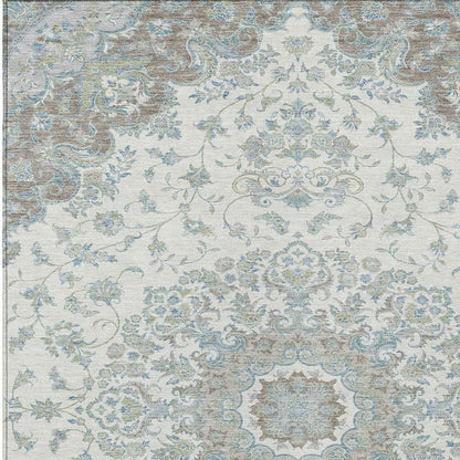 8' X 10' Ivory And Silver Floral Medallion Washable Indoor Outdoor Area Rug HomeRoots