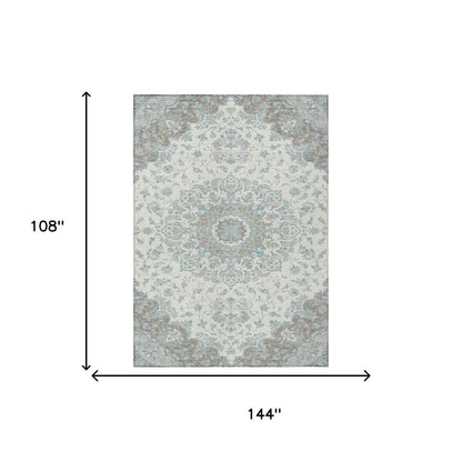 9' X 12' Ivory And Silver Floral Medallion Washable Indoor Outdoor Area Rug HomeRoots