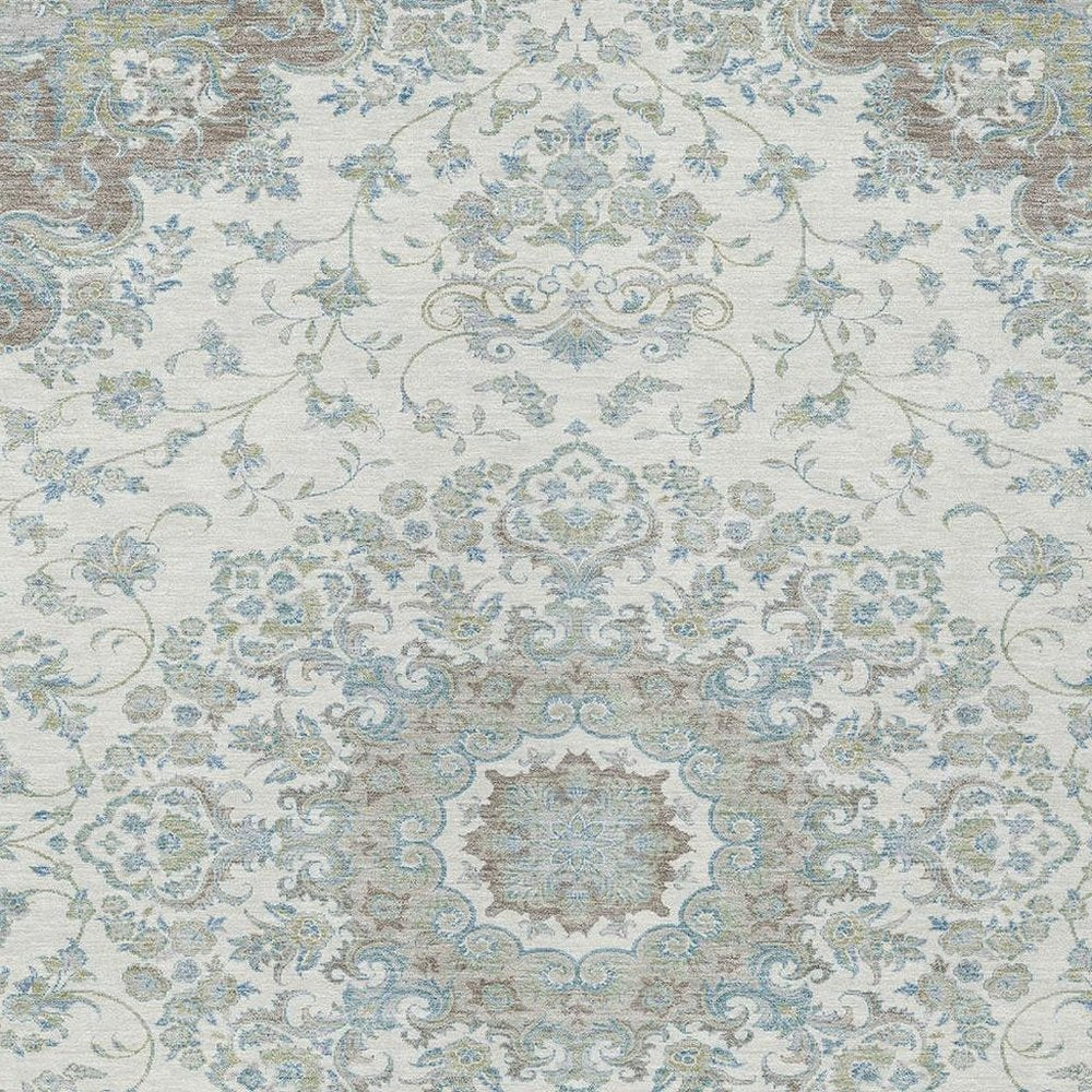 9' X 12' Ivory And Silver Floral Medallion Washable Indoor Outdoor Area Rug HomeRoots