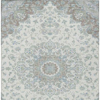 9' X 12' Ivory And Silver Floral Medallion Washable Indoor Outdoor Area Rug HomeRoots