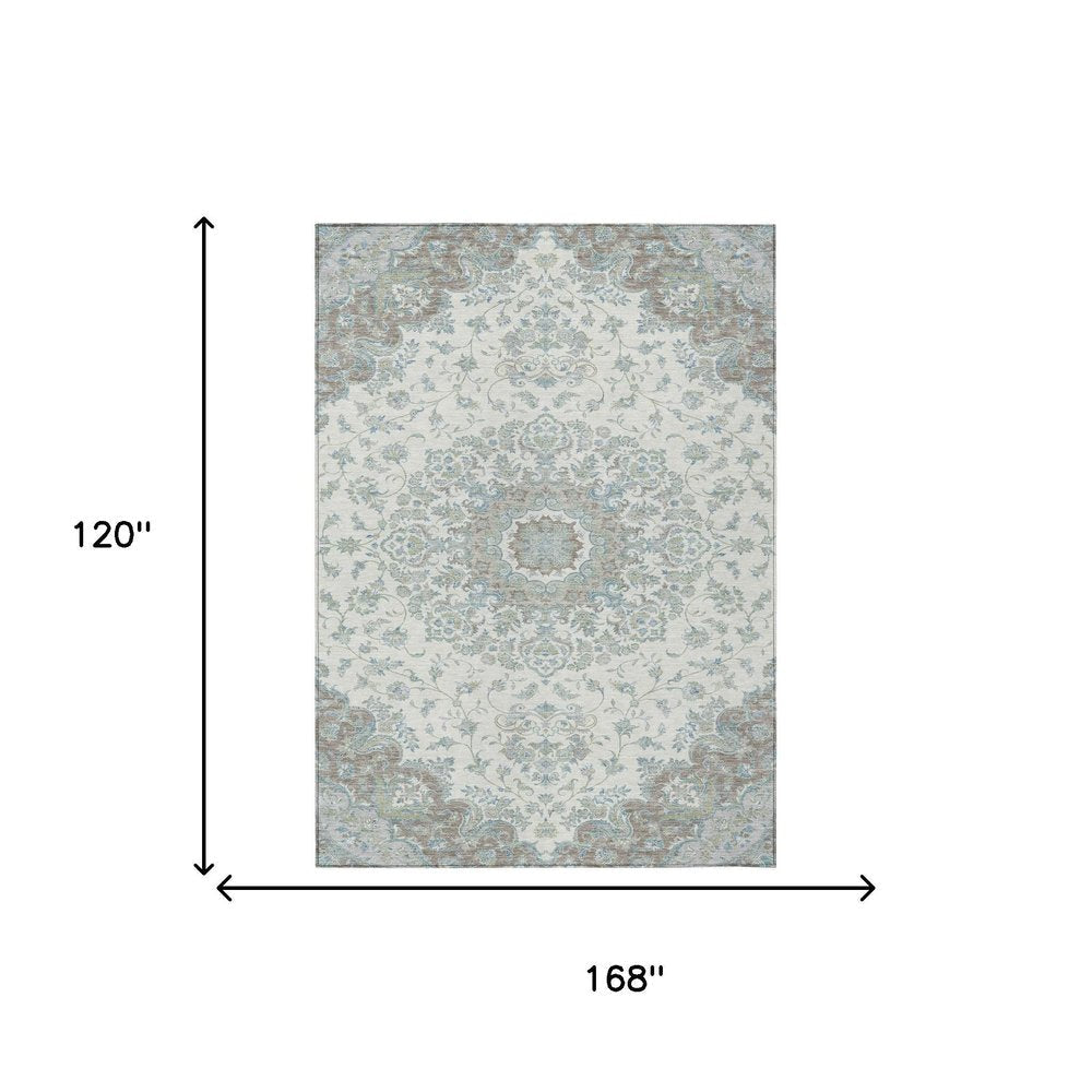 10' X 14' Ivory And Silver Floral Medallion Washable Indoor Outdoor Area Rug HomeRoots