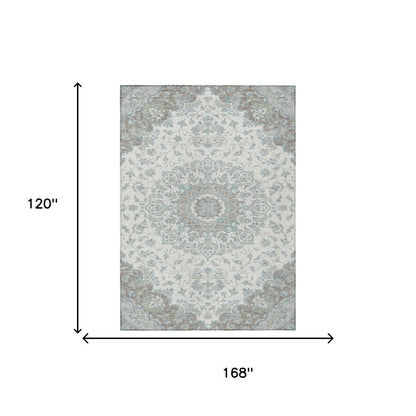 10' X 14' Ivory And Silver Floral Medallion Washable Indoor Outdoor Area Rug HomeRoots