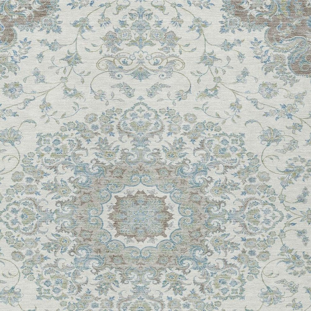 10' X 14' Ivory And Silver Floral Medallion Washable Indoor Outdoor Area Rug HomeRoots