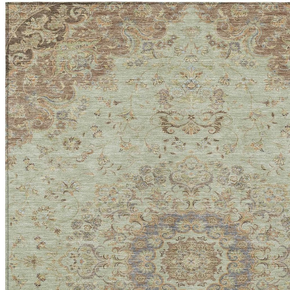 3' X 5' Sage And Brown Floral Medallion Washable Indoor Outdoor Area Rug HomeRoots