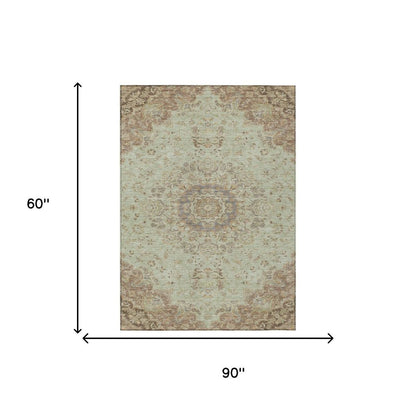 5' X 8' Sage And Brown Floral Medallion Washable Indoor Outdoor Area Rug HomeRoots