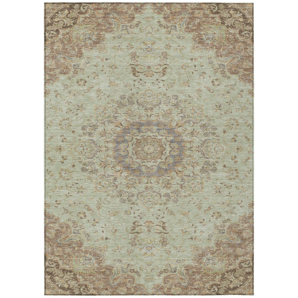 5' X 8' Sage And Brown Floral Medallion Washable Indoor Outdoor Area Rug HomeRoots